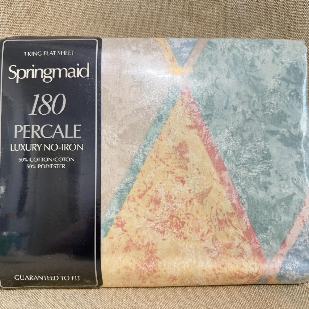 Vintage Springmaid Harlequin Peach Flat Sheet King Memphis Style 90s